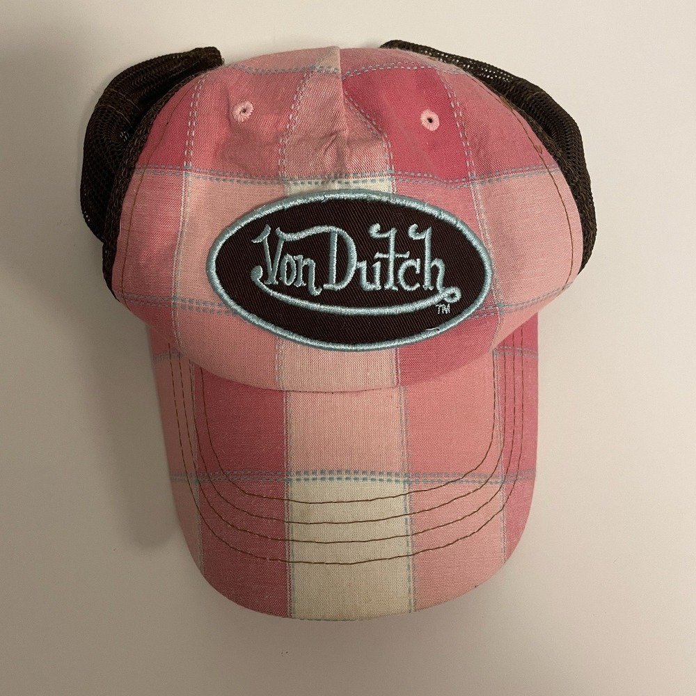 Von Dutch Pink Plaid Trucker Hat with Black Mesh